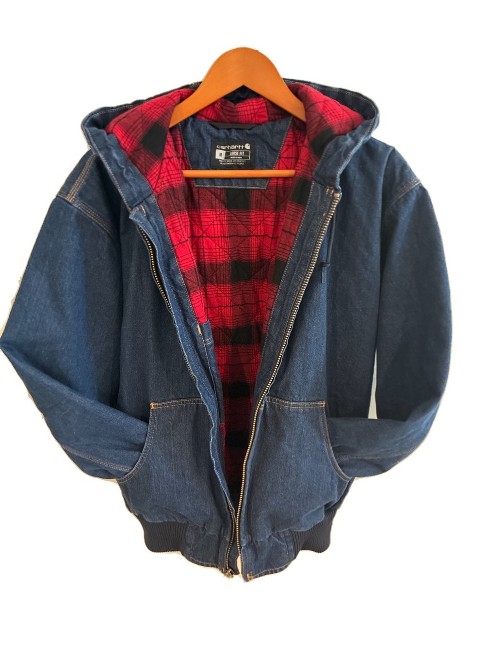Carhartt Blue Denim Jacket with Red Plaid Interior